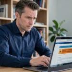 Homme consultant un email masqué pour des raisons de sécurité sur son ordinateur portable dans un bureau à domicile