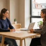 Jeune femme en consultation avec une conseillère professionnelle dans un bureau moderne au Luxembourg