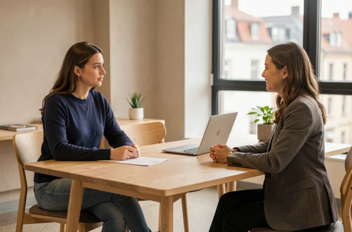 Jeune femme en consultation avec une conseillère professionnelle dans un bureau moderne au Luxembourg