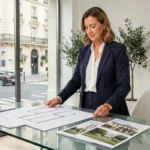 Agent immobilière présentant des plans de propriété dans une agence parisienne moderne avec vue sur un immeuble haussmannien