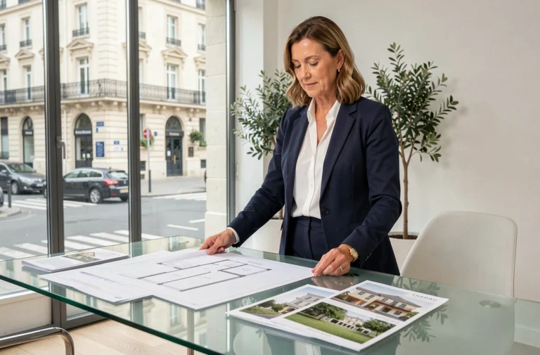 Agent immobilière présentant des plans de propriété dans une agence parisienne moderne avec vue sur un immeuble haussmannien