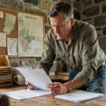 Agriculteur d'une quarantaine d'années examinant attentivement un contrat de prêt pour l'achat d'un terrain agricole dans un bureau rustique