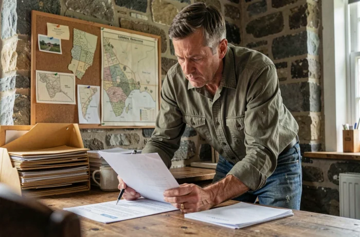 Agriculteur d'une quarantaine d'années examinant attentivement un contrat de prêt pour l'achat d'un terrain agricole dans un bureau rustique