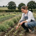 Agricultrice inspectant des jeunes plants dans un champ polyculture bordé de bandes fleuries, illustrant l'agriculture durable et la biodiversité