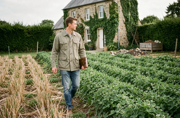 Agronome marchant le long d'un champ en culture de couverture avec trèfle et vesce, devant une ferme en pierre, symbolisant la transition vers une agriculture respectueuse de l'environnement