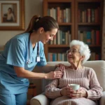 Aide à domicile ADMR accompagnant une personne âgée à son domicile