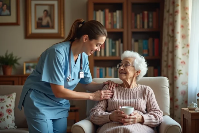 Aide à domicile ADMR accompagnant une personne âgée à son domicile