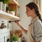 Femme aménageant une cuisine en peignant une étagère en bois avec soin, conseils entretien maison au quotidien
