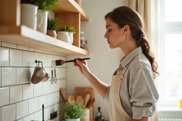 Femme aménageant une cuisine en peignant une étagère en bois avec soin, conseils entretien maison au quotidien