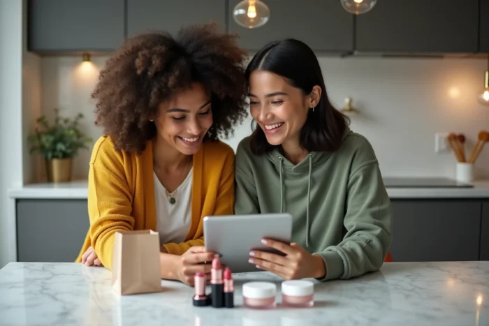 Deux amies consultant ensemble un site de beauté en ligne sur une tablette posée sur un comptoir en marbre avec des produits cosmétiques étalés devant elles
