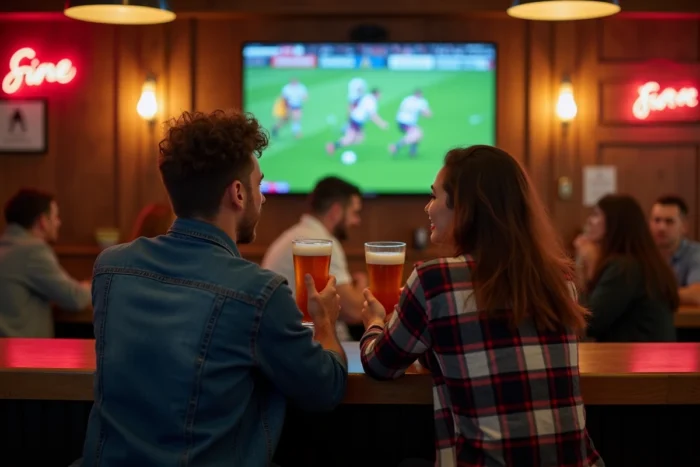 Deux amis regardant un match de rugby en direct gratuitement dans un bar diffusant le match sur écran