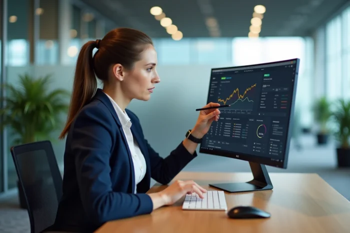 Une professionnelle analyse des KPI SEO sur un tableau de bord analytique dans un bureau moderne