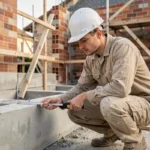 Apprenti du bâtiment mesurant un mur sur un chantier de construction en Ille-et-Vilaine
