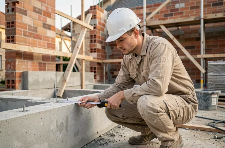 Apprenti du bâtiment mesurant un mur sur un chantier de construction en Ille-et-Vilaine