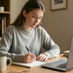 Jeune femme concentrée prenant des notes devant son ordinateur portable lors d'un cours en ligne à distance