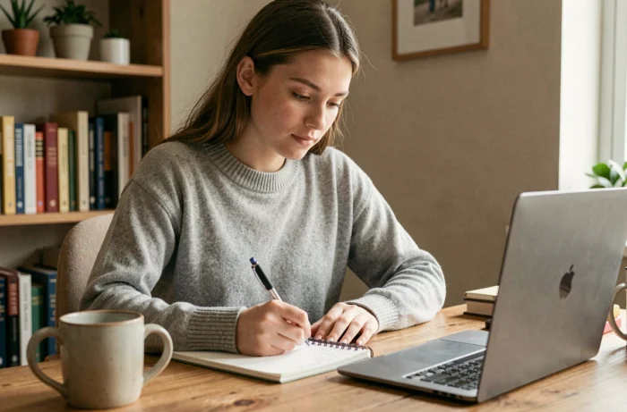 Jeune femme concentrée prenant des notes devant son ordinateur portable lors d'un cours en ligne à distance