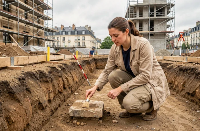 Archéologue sur un chantier de fouille préventive en milieu urbain lors de travaux de construction