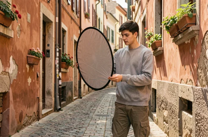 Assistant photographe positionnant un réflecteur lors d'un shooting photo professionnel en extérieur dans une ruelle européenne