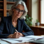 Avocate en droit civil étudiant l'article 31 du Code de procédure civile dans son cabinet juridique