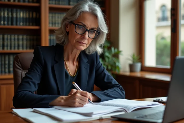 Avocate en droit civil étudiant l'article 31 du Code de procédure civile dans son cabinet juridique