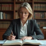Avocate consultant des documents juridiques relatifs aux droits extrapatrimoniaux dans un bureau professionnel