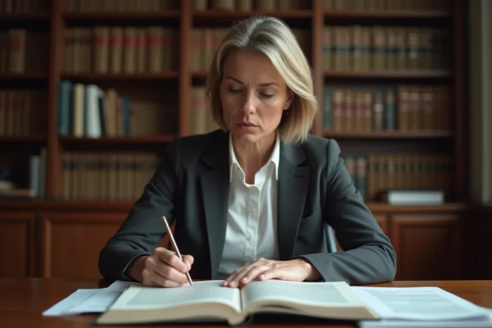 Avocate consultant des documents juridiques relatifs aux droits extrapatrimoniaux dans un bureau professionnel