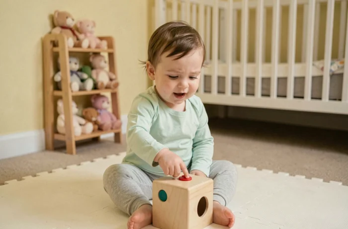 Bébé fille d'un an explorant un cube d'activités coloré dans un coin jeu de chambre d'enfant moderne