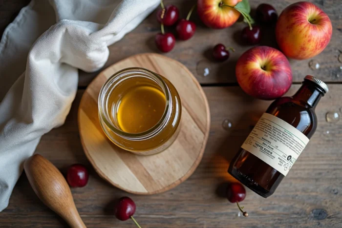 Vue de dessus d'un bocal hermétique avec alcool à 90° Leclerc et fruits frais pour la conservation maison