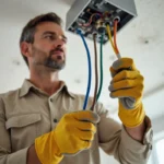 Électricien en train de brancher trois fils colorés sur un luminaire au plafond dans un intérieur résidentiel moderne