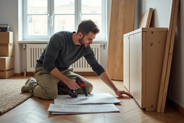 Homme assemblant un meuble en bois dans un salon, conseils pratiques pour aménager et entretenir sa maison