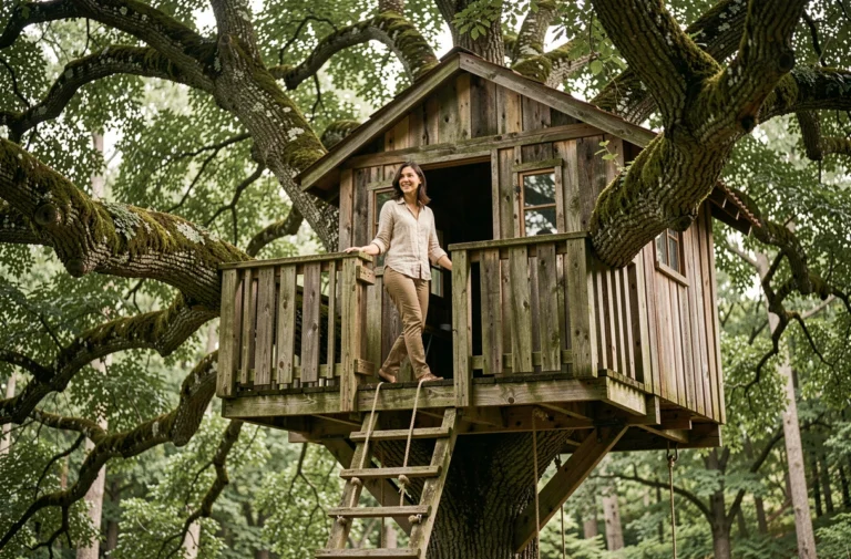 Femme découvrant une cabane dans les arbres en bois rustique au cœur d'une forêt verdoyante, hébergement insolite nature