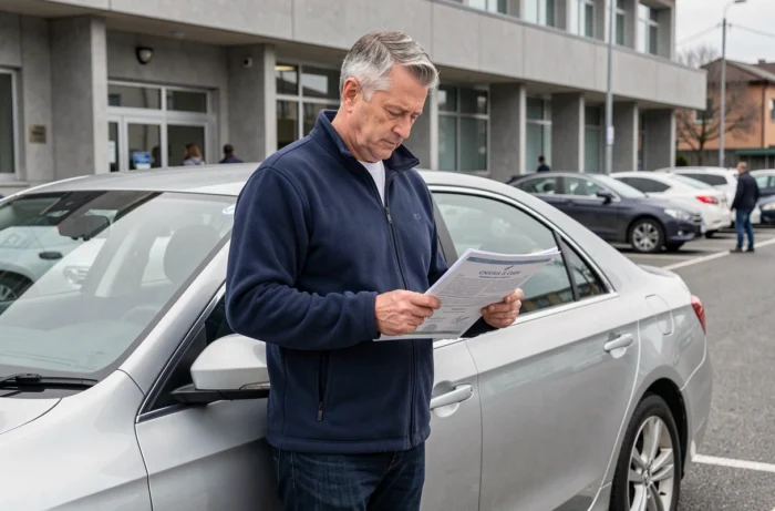 Homme vérifiant un certificat de cession automobile devant une préfecture