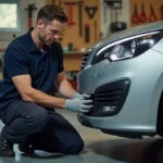 Mécanicien retirant un feu diurne de Peugeot 308 dans un garage résidentiel
