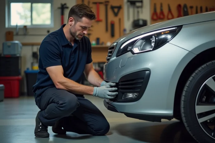 Mécanicien retirant un feu diurne de Peugeot 308 dans un garage résidentiel