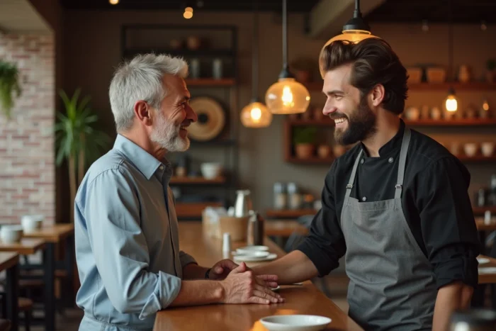 Client exprimant sa satisfaction et ses compliments directement au chef cuisinier au passe d'un bistrot contemporain