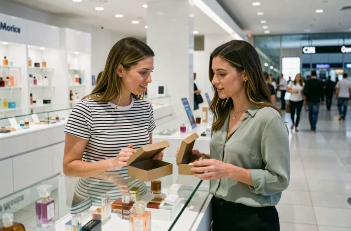 Deux femmes comparant des parfums au comptoir d'un magasin duty-free dans un aéroport international