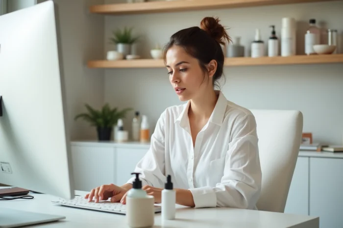 Femme comparant des produits de soin en ligne sur un bureau minimaliste avec des cosmétiques alignés et un écran d'ordinateur affichant des avis beauté