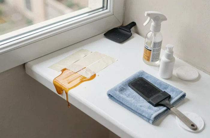 Gros plan sur un appui de fenêtre en PVC avec résidu de scotch, outils de nettoyage et surface nettoyée côte à côte