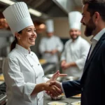 Chef cuisinière recevant un compliment sincère de son manager dans une cuisine gastronomique moderne