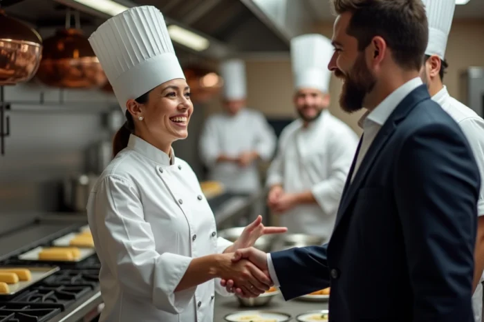 Chef cuisinière recevant un compliment sincère de son manager dans une cuisine gastronomique moderne