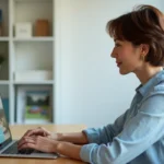 Femme connectée à son espace client SibluConnect sur un ordinateur portable depuis son bureau à domicile