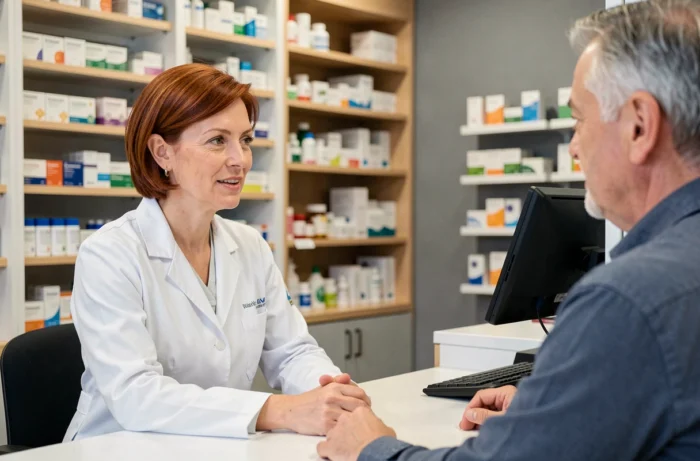 Pharmacienne en blouse blanche donnant des conseils santé personnalisés à un client dans une pharmacie moderne, représentant l'expertise de Pharmavia au quotidien