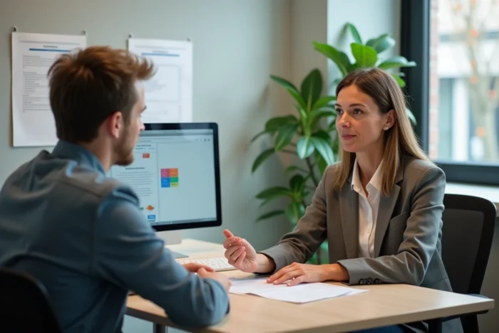 Conseiller France Travail expliquant les conséquences d'une absence à un rendez-vous lors d'un entretien de rattrapage