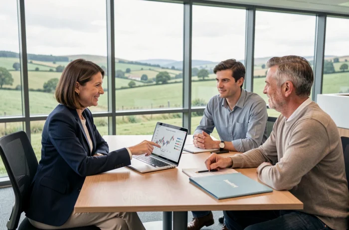 Conseillère bancaire présentant les options de financement pour un prêt terrain agricole à un couple de futurs agriculteurs dans une agence moderne