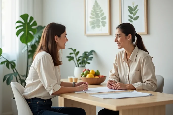 Femme consultant une nutritionniste pour un programme minceur personnalisé avant l'été