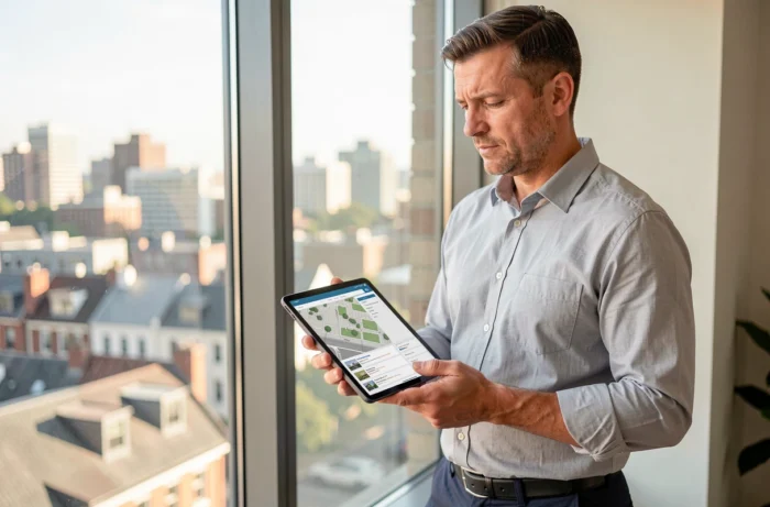 Homme consultant un plan de site immobilier sur une tablette devant une fenêtre avec vue sur la ville