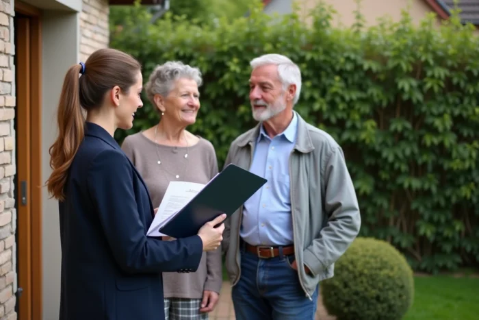 Coordinatrice ADMR présentant les tarifs 2026 à un couple de retraités