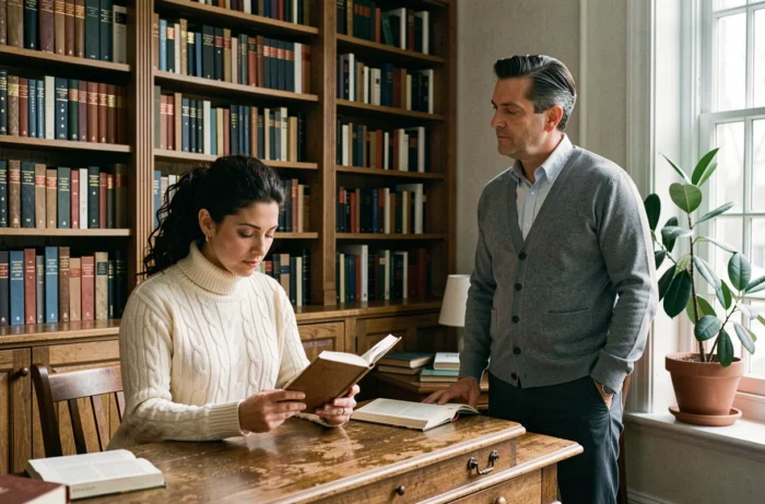 Une femme lisant et un homme pensif dans une bibliothèque domestique raffinée, évoquant la complicité intellectuelle et culturelle d'un couple avec une différence d'âge