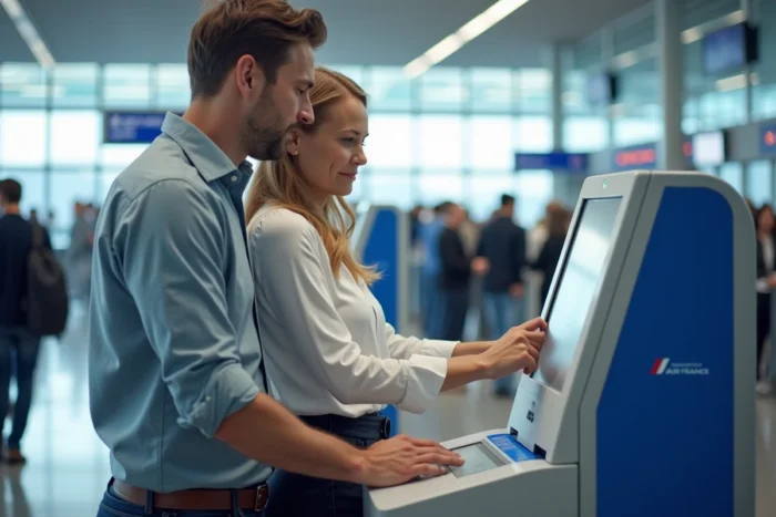 Couple utilisant une borne d'enregistrement automatique Air France pour vérifier le nom d'épouse sur le billet
