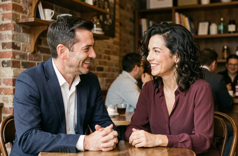 Couple élégant en conversation animée dans un café parisien chaleureux, illustrant une relation complice malgré une différence d'âge
